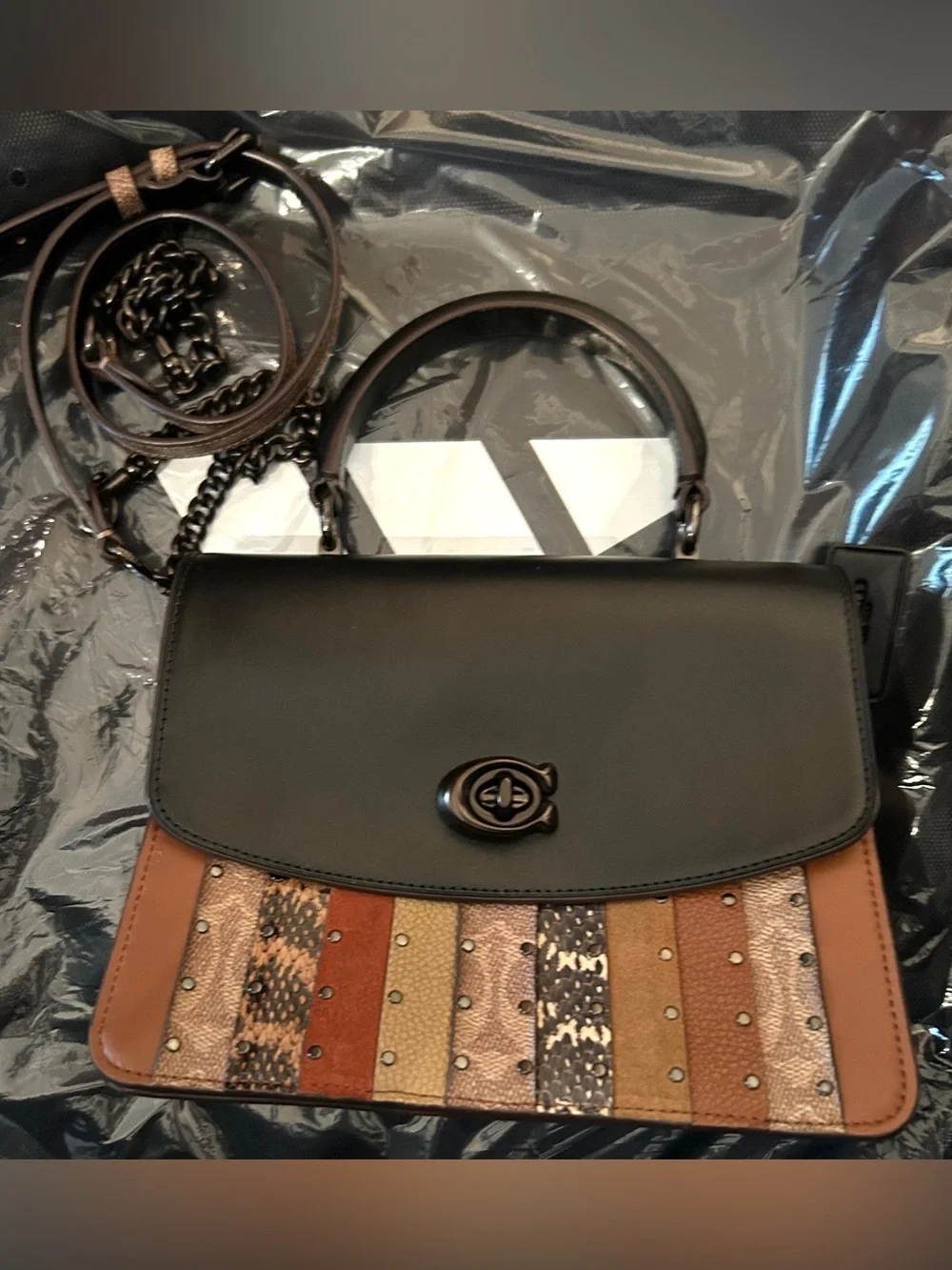 NWT Coach Parker Top Handle with Patchwork Stripe & Rivets/Multi